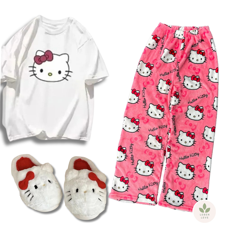 Conjunto Hello Kitty: Calça + Blusa + Pantufa - Minha loja